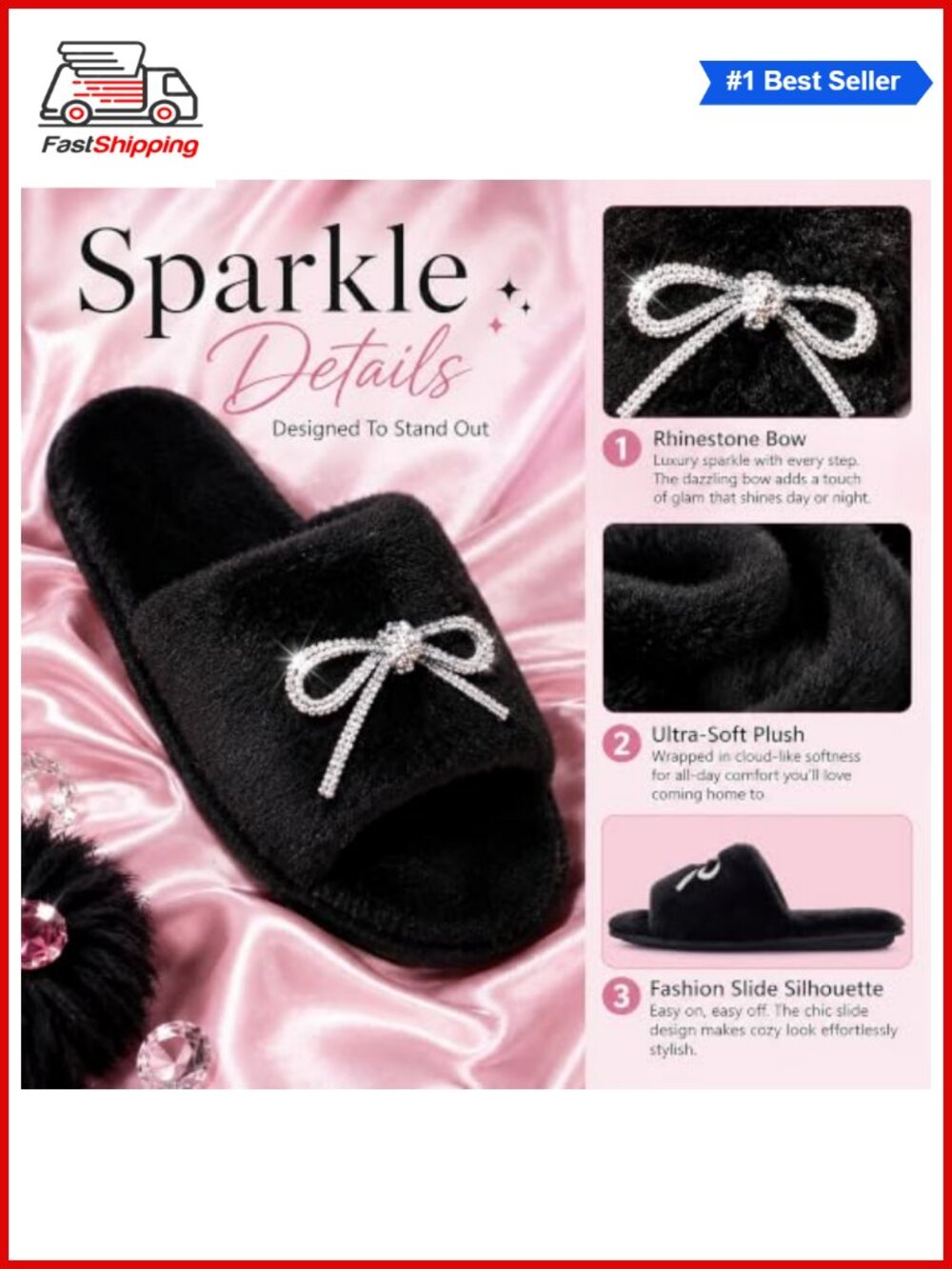 โจ Fuzzy Open Toe House Slippers with Rhinestone Bow - Picture 4 of 6